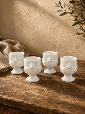 Set of 4 Charming Vintage French Farmhouse Style Milk Glass Hen Egg Cups